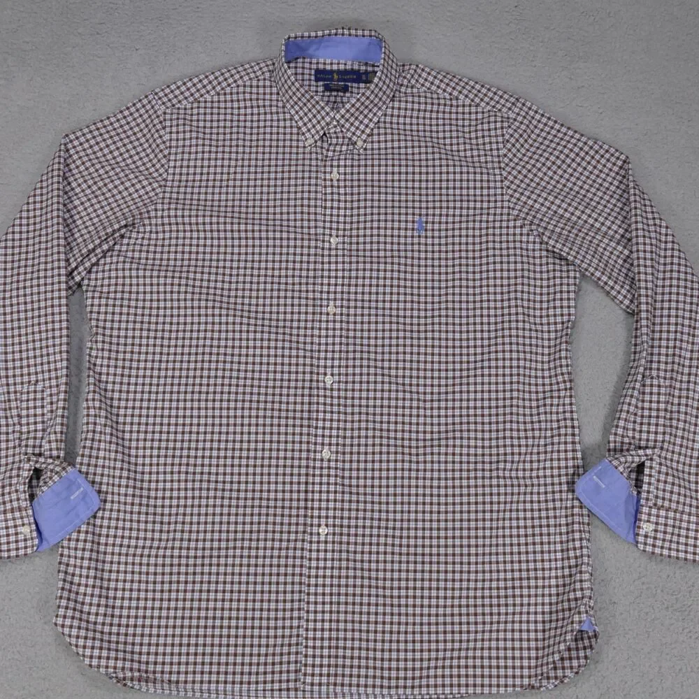 Polo ralph Lauren Shirt Mens XL Brown Blue Plaid Button Down Long Sleeve